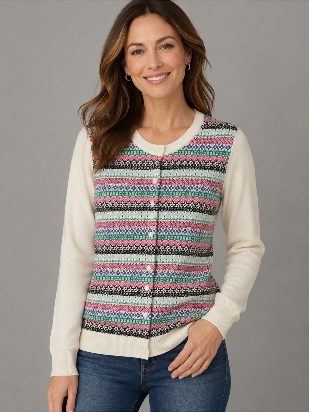 Cream Fair Isle Crewneck Button-Front Sweater - 0811